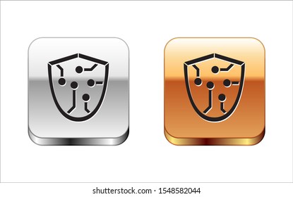 Black Cyber security icon isolated on white background. Shield sign. Safety concept. Digital data protection. Silver-gold square button. Vector Illustration