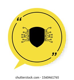 Black Cyber security icon isolated on white background. Shield sign. Safety concept. Digital data protection. Yellow speech bubble symbol. Vector Illustration