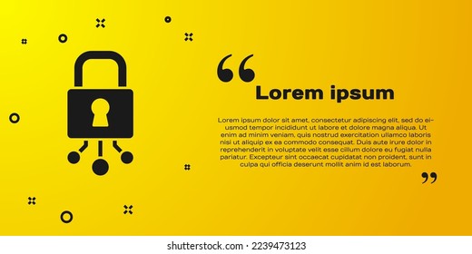 Icono de ciberseguridad negra aislado en fondo amarillo. Cerradura cerrada en la tarjeta de circuito digital. Concepto de seguridad. Protección digital de datos.  Vector