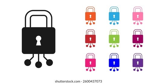 Black Cyber security icon isolated on white background. Closed padlock on digital circuit board. Safety concept. Digital data protection. Set icons colorful. Vector