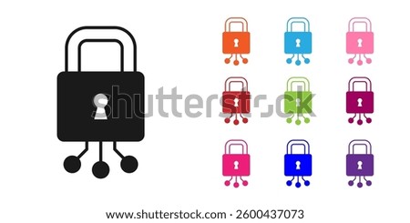 Black Cyber security icon isolated on white background. Closed padlock on digital circuit board. Safety concept. Digital data protection. Set icons colorful. Vector