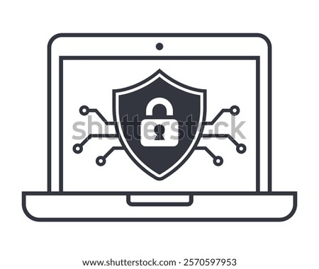 Black cybersecurity icon on laptop. Protecting your computer from viruses.