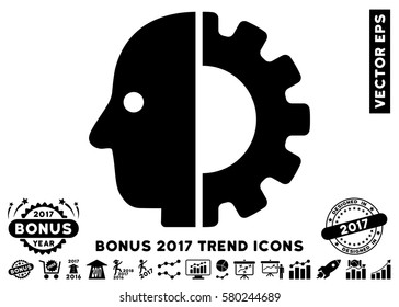 Black Cyborg Head pictograph with bonus 2017 trend pictograph collection. Vector illustration style is flat iconic symbols, white background.
