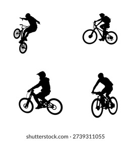 Black cyclist silhouettes featuring mountain bike and BMX riders in action poses isolated on white background for sports and outdoor design use.
