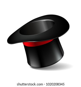 Black cylinder hat with red ribbon. Magic hat isolated on white background. Vector illustration