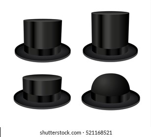 Black cylinder hats isolated on white background. Vector illustration of four man hats. 