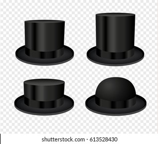 Black cylinder hats isolated on transparent background. Vector illustration of four man hats.