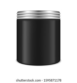 Black cylinder jar with metal lid isolated on white background, realistic mockup. Round cosmetic container with screw cap, template. Beauty product for men packaging, vector mock-up.