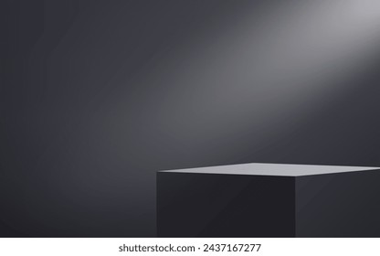 Black cylinder pedestal podium. Dark podium with glow. Empty room with spotlight effect. Use for product display presentation, cosmetic display mockup, showcase, media banner, etc.