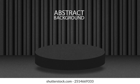 Black Cylinder Pedestal Podium with Vertical Lines Pattern Clean Wall Background, 3d Minimal Display for Product Presentation Banner Design, Stage for Showcase.