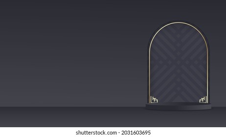 Podio de cilindro negro en escena vacía. Escena mínima con arco dorado al estilo asiático. Presentación del producto, maqueta, muestra productos cosméticos, podio, disposición, pedestal o plataforma. 3.ª representación