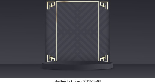 Black cylinder podium in empty scene. Minimal scene with golden arch in asian style. Product presentation, mock up, show cosmetic product, Podium, layout, stage pedestal or platform. 3d render