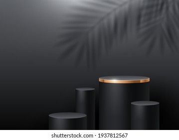 Black cylinder podium for product presentation. Podium stage on a wall background with a palm tree branches shadow. Podium with golden border - minimal scene. Vector illustration.