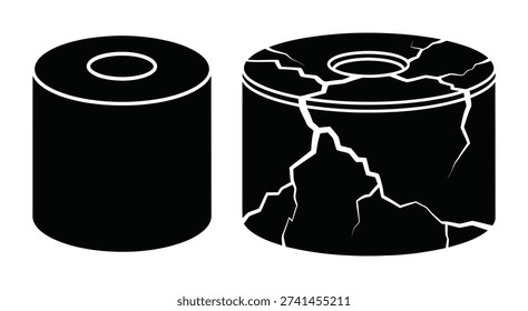 Black cylinders intact and cracked white background