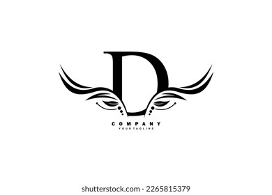 Black D letter logo design with wing shaped feather ornament. monogram emblem, typography logo. initial letter.suitable for logos of business, boutique, company, fashion, hotel, etc