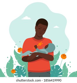 Black dad holding a baby in his arms vector illustration on a white background. Conceptual illustration in flat style.