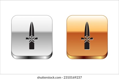 Icono de la daga negra aislado en fondo blanco. Icono de cuchillo. Espada con cuchilla afilada. Botones cuadrados plateados y dorados. Vector