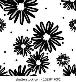 Black Daisies And Black Circle Seamless Vector Pattern On White Background. Daisy In Doodle Style. Tiny Flowers Seamless Pattern.