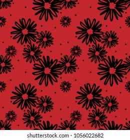 Black daisies and black circle seamless vector pattern on red background. Daisy in doodle style. Tiny flowers seamless pattern.