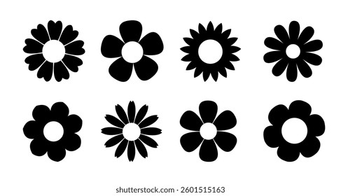Black Daisy Chamomile silhouette icon set. Simple different shape. Camomile set. Cute round flower plant collection. Love card symbol. Growing concept. Flat design. Isolated. White background. Vector