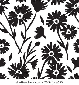 Black daisy floral pattern with white background. Seamless pattern with florals for fabric, textiles, clothing, wrapping paper. Vector illustration.