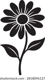 Black Daisy Flower Silhouette with Outlined Center, Stem and Leaves

A bold daisy flower silhouette featuring a white-outlined center, a curved stem, and two detailed leaves, isolated on a white background. Well suited for greeting cards, home decor, vinyl decals, and seasonal print projects. Delivered as scalable EPS10 vector artwork.