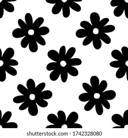 Black daisy flowers isolated on white background. Monochrome seamless pattern. Hand drawn vector graphic illustration. Texture.