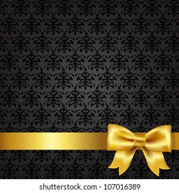 Black Damask Background With Gold Bow, Vector Illustration