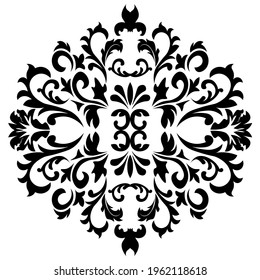 Black damask element in classic style on white background. Royal template. Silhouette vector. Vector pattern. Royal damask element for print design.