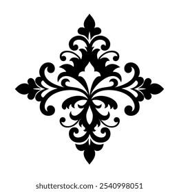 Black damask floral ornament, vintage baroque style, elegant design element for invitations, logos, home decor, wallpaper, textiles, and vector illustrations