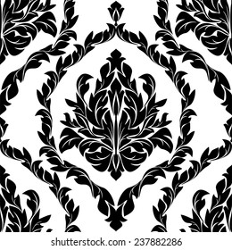 Black damask floral Pattern on white. 