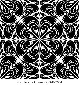 Black damask floral seamless Ornament on white. 