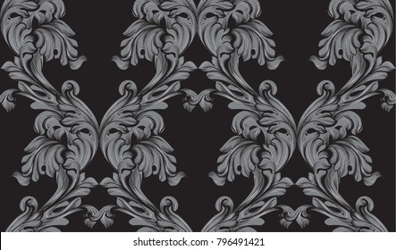 Black Damask pattern Vector ornament decor. Baroque background textures