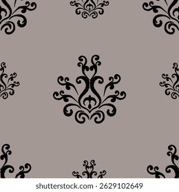 Black damask seamless pattern on light brown background.
