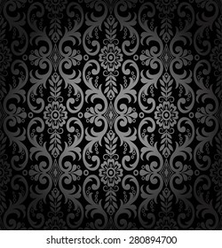 Black damask vintage floral pattern, vector illustration.