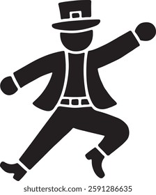 A black Dancing Leprechaun icon on a white background, depicting a joyful leprechaun in mid-dance, wearing a tall hat, curly shoes, and a belt, symbolizing Irish luck and festivity.