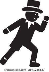 A black Dancing Leprechaun icon on a white background, depicting a joyful leprechaun in mid-dance, wearing a tall hat, curly shoes, and a belt, symbolizing Irish luck and festivity.