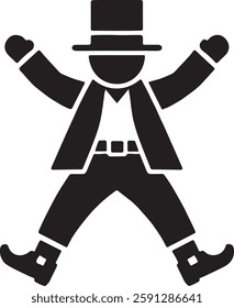 A black Dancing Leprechaun icon on a white background, depicting a joyful leprechaun in mid-dance, wearing a tall hat, curly shoes, and a belt, symbolizing Irish luck and festivity.