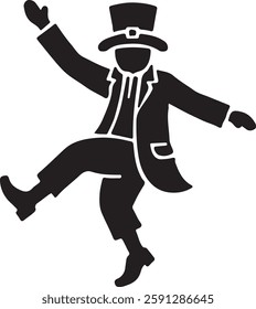 A black Dancing Leprechaun icon on a white background, depicting a joyful leprechaun in mid-dance, wearing a tall hat, curly shoes, and a belt, symbolizing Irish luck and festivity.