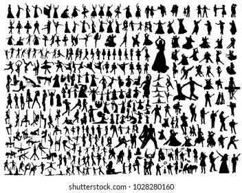 Black dancing people and musicians isolated silhouettes collection. Ballet, indian, latin, folk, oriental dance set. 