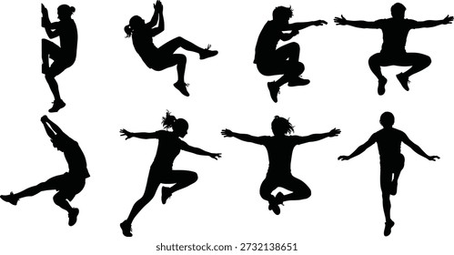 Conjunto de siluetas de bailarines negros que muestran poses de salto y movimiento, figuras humanas energéticas, Ilustraciones vectoriales de baile modernas aisladas