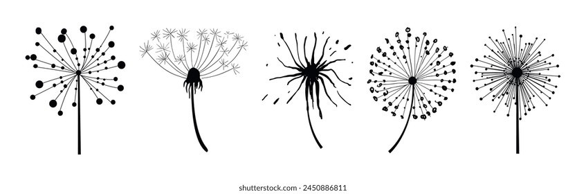 Schwarze Löwenzahnblume am Stiel mit flauschigen Kopf Vektorgrafik Set