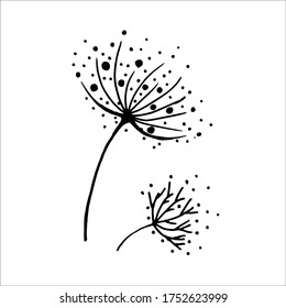 Black dandelion icon, cute hand-drawn dandelion flower in doodle style. Dandelion with hearts on a white background. Vector illustration