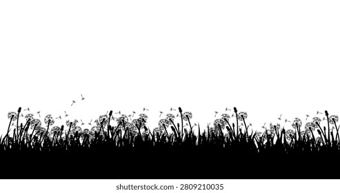 Black Dandelion Meadow Silhouette Vector Isolated on White Background