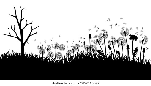 Black Dandelion Meadow Silhouette Vector Isolated on White Background