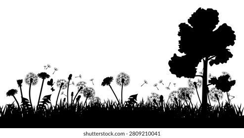 Black Dandelion Meadow Silhouette Vector Isolated on White Background