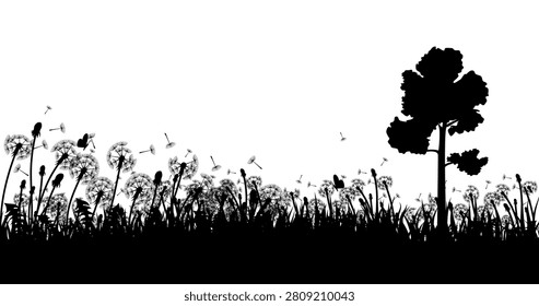 Black Dandelion Meadow Silhouette Vector Isolated on White Background