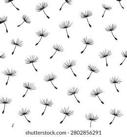 Black dandelion seeds blowing in the wind on white background