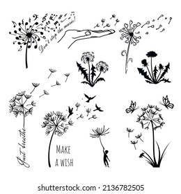 Black dandelion silhouettes. Floral set of blowball clipart. Wildflower tattoo bundle. Summer season flower. Isolated sketches. Vector illustration