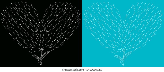 Black dandelion in the style of the doodle flies in the shape of a big heart. Black and white sketch drawing. The contour of the flower. For printing on fabric, t-shirt, interior design.